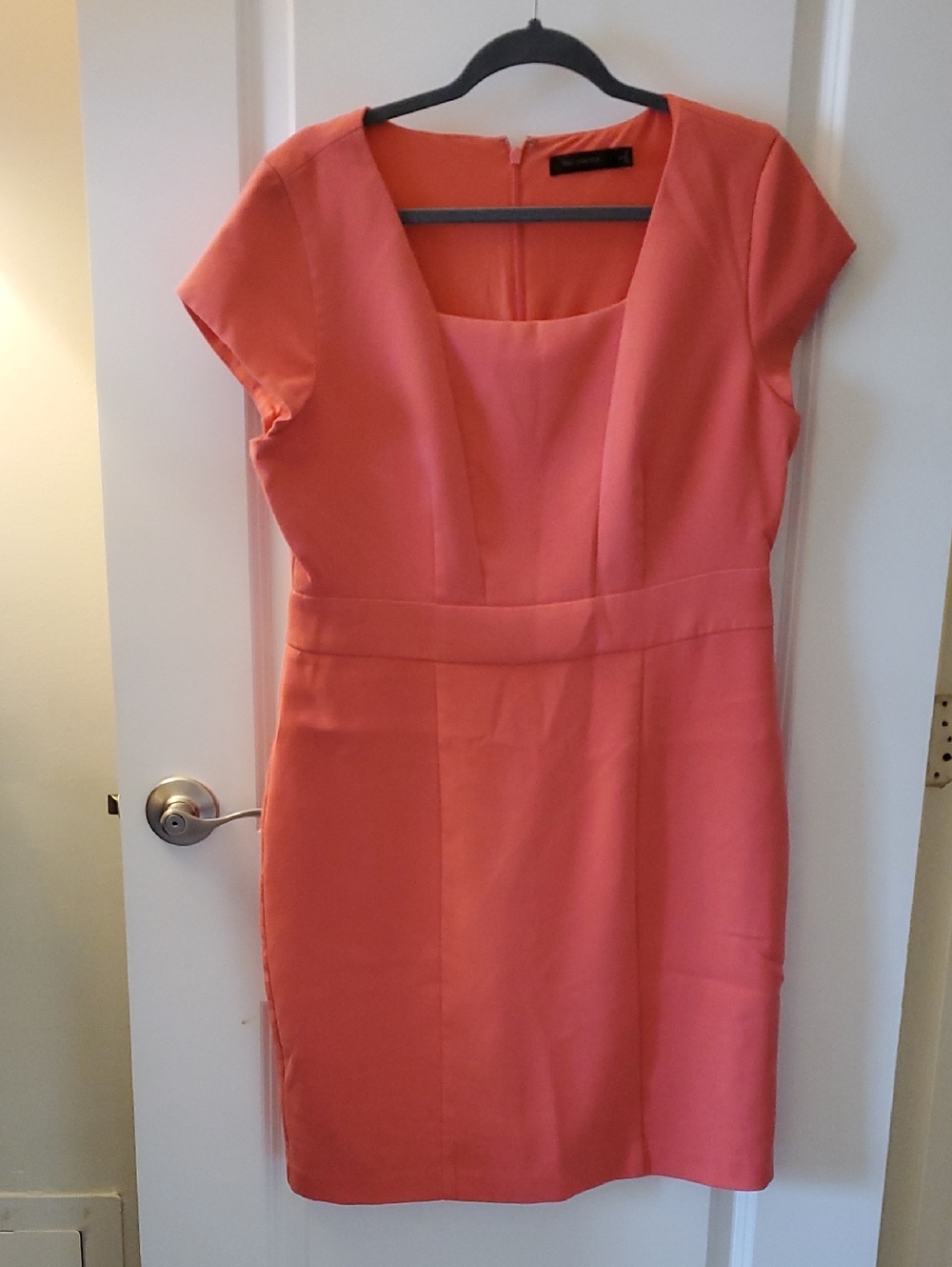 The Limited Coral Square-Neck Midi Dress with Cap Sleeves